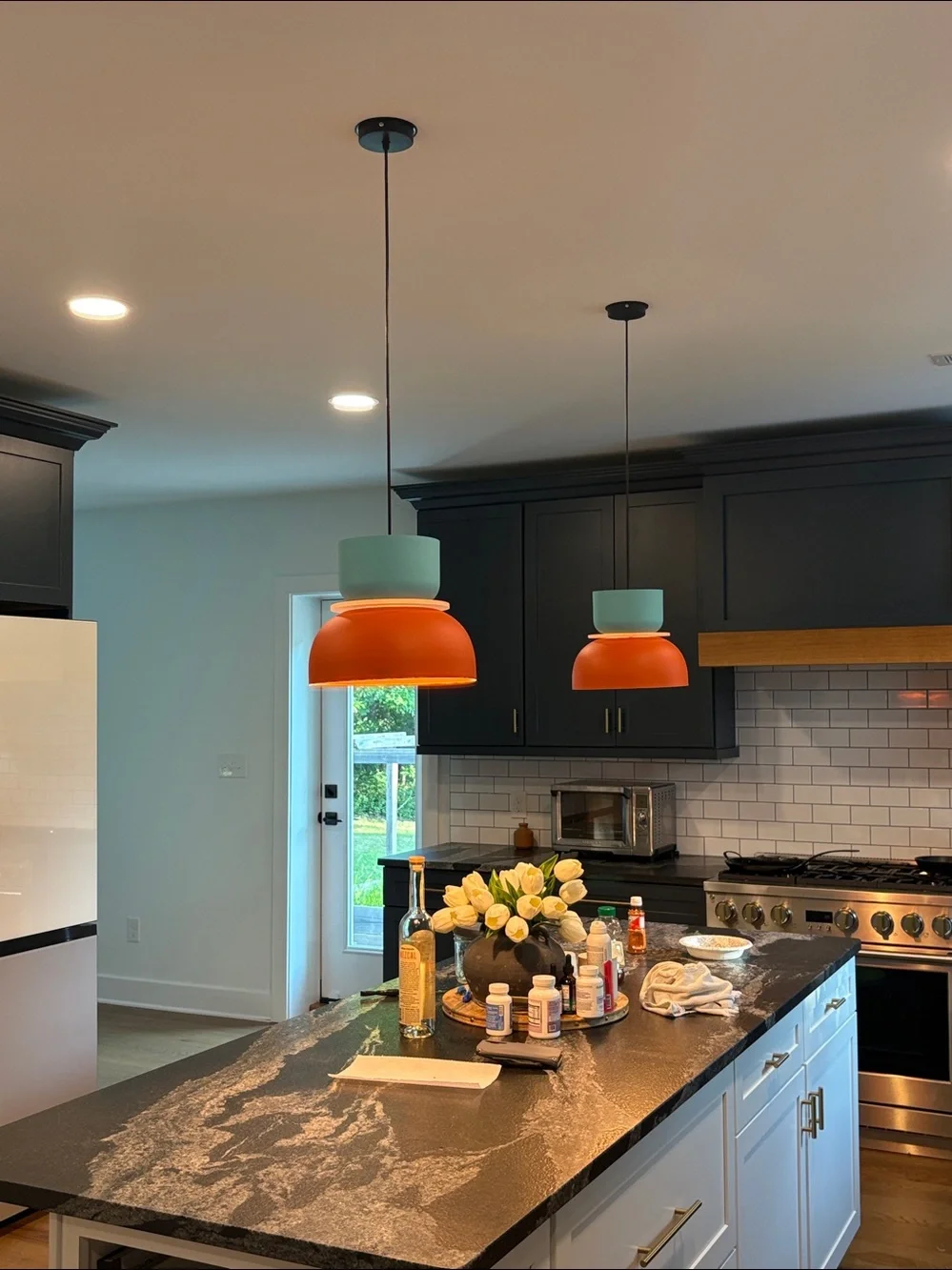Two-Tone Blue and Orange mid century modern Pendant Lanterns (set of 2)